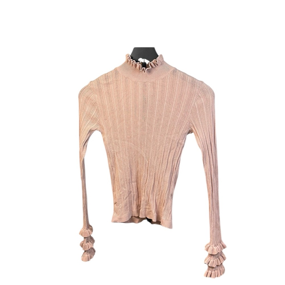 ZARA — Women’s Light Pink Ribbed Knit Top with Ruffled Sleeves - Picture 5 of 11